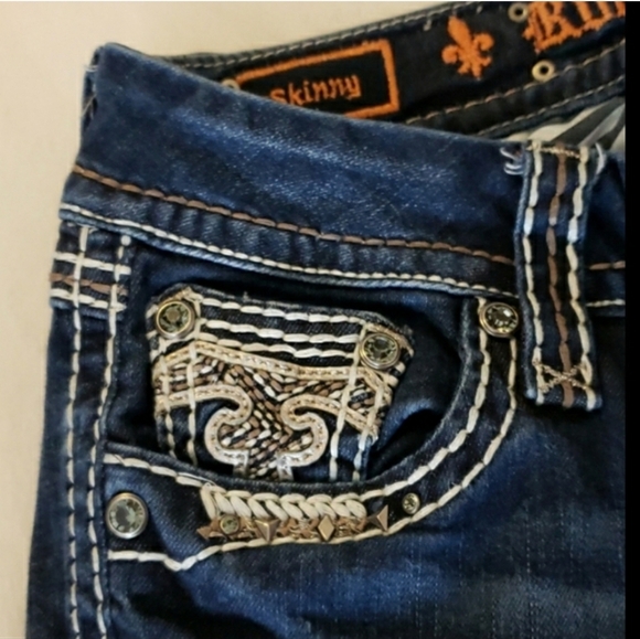 Rock Revival Easy Skinny Chile Blue Jeans Overstitched  Luxury Slip Pocket Chic - Picture 15 of 16